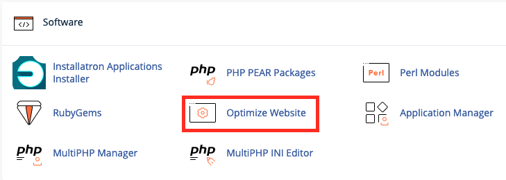 Screenshot of the cPanel dashboard showing the Optimize Website link in the Software section.