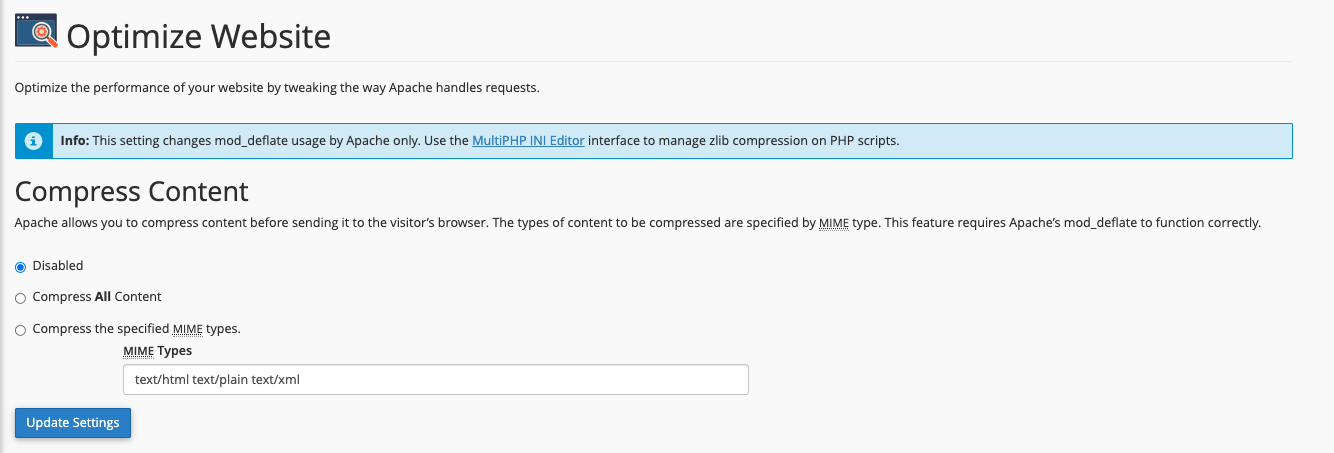 Optimize Website settings in cPanel with options for compressing website content such as HTML, CSS, JavaScript, and images.