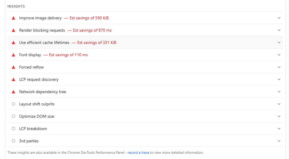 PageSpeed Insights diagnostics highlighting recommendations for improving website performance and loading speed.