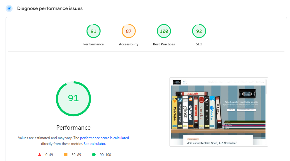 PageSpeed Insights report displaying a website performance score and optimization metrics.
