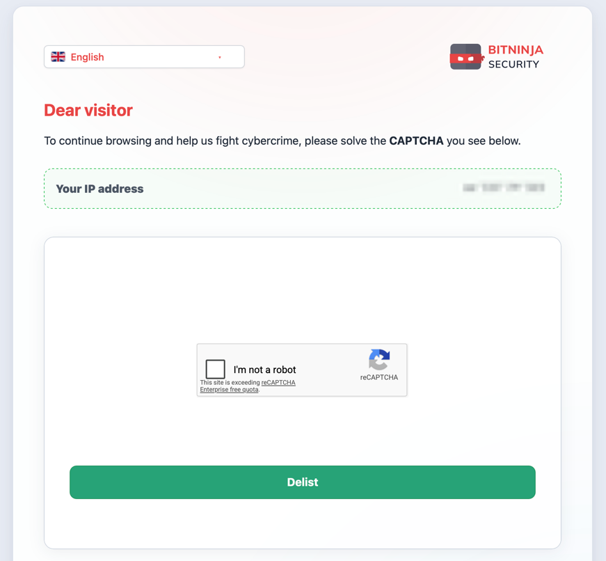 Screenshot of Bitninja Verification window. Message reads: "Dear visitor To continue browsing and help us fight cybercrime, please solve the CAPTCHA you see below."