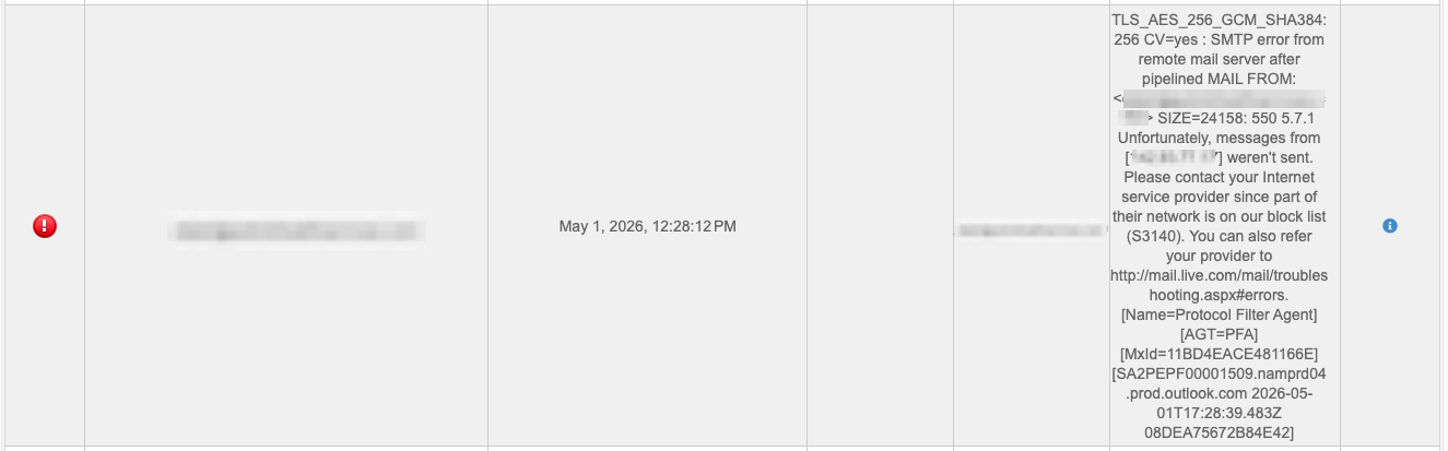 Screenshot of an email delivery log showing a failed delivery attempt on May 1, 2026 at 12:28:12 PM. The Result column displays an SMTP 550 5.7.1 error from Microsoft's mail servers indicating the sending IP is on a block list (S3140), with addresses and IP redacted.