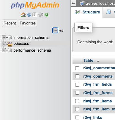 Close-up of the phpMyAdmin left navigation panel, showing a user selecting a specific destination database from the list.