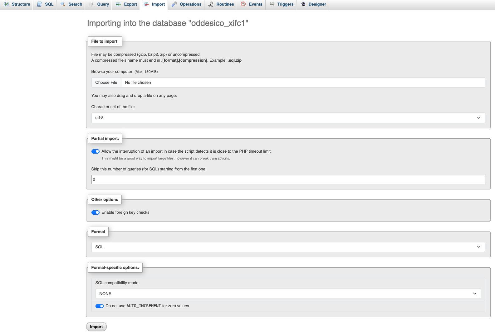 The main phpMyAdmin screen showing the navigation tabs, with a visual highlight focusing on the Import tab in the top menu bar.