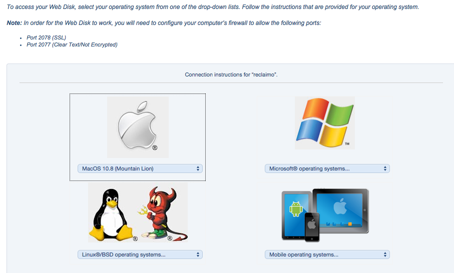 Options for accessing Web Disk from cPanel for MacOS, Microsoft, Linux OS, and Mobile OS.