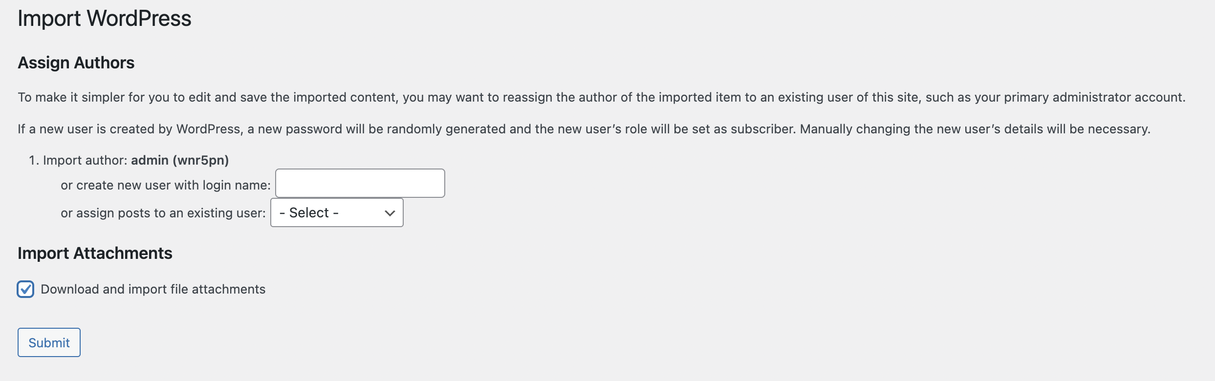 WordPress import settings view displaying the check box for downloading and importing media file attachments