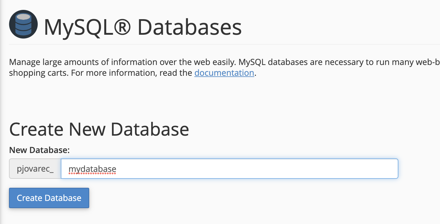Create New Database section in cPanel with a database name entered and ready to be created.