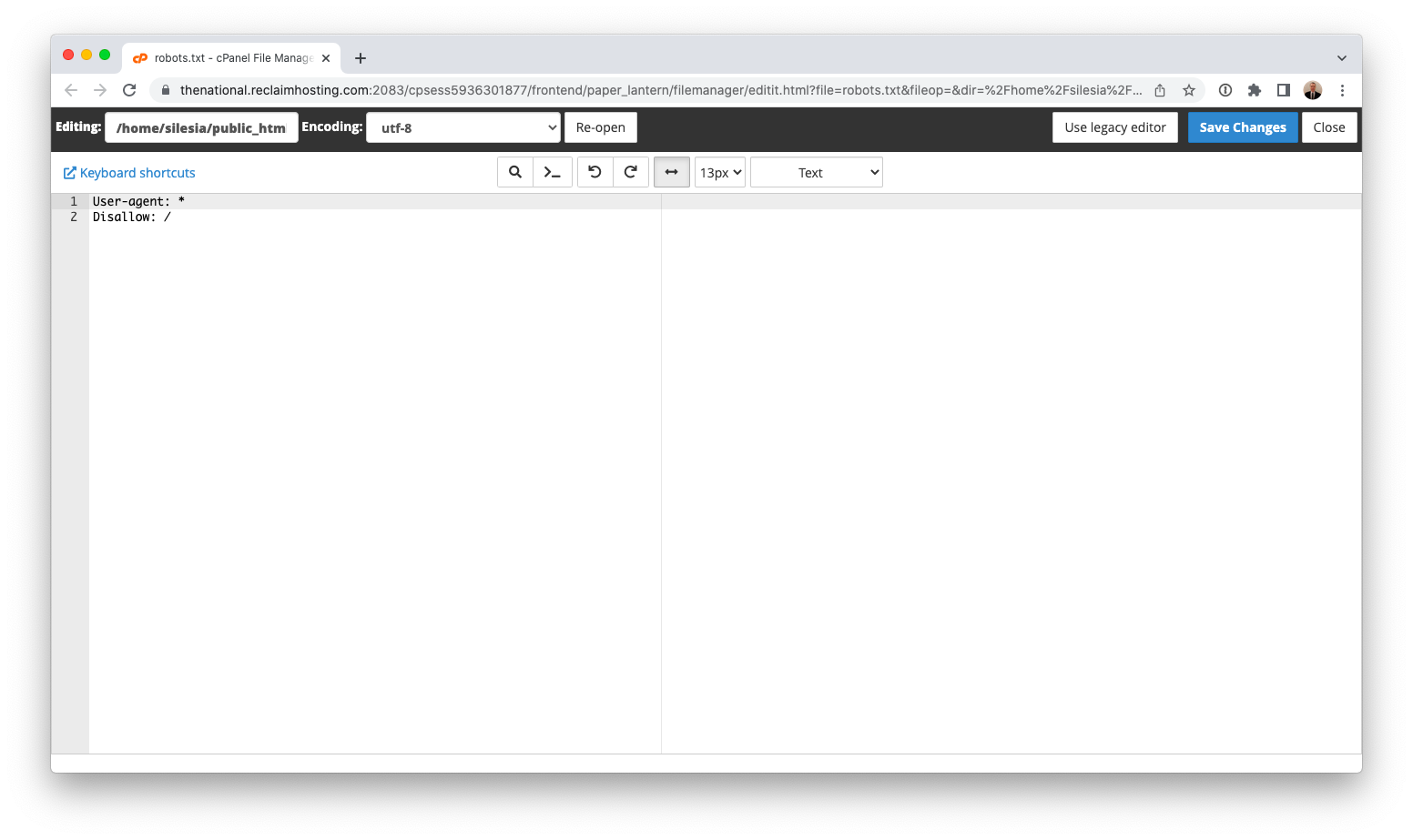 Example screenshot of an robots.txt file in the cPanel File Manager with the following rules written: User-agent: * Disallow: /
